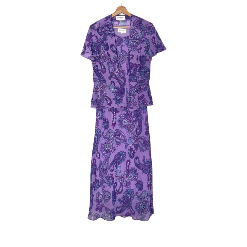 Purple Paisley Sleeveless Dress with Matching Lightweight Jacket Size 8 Modest